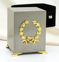 708 Cube Urn Brushed Pewter w/24k Gold Plated Leaf(Limited Stock)